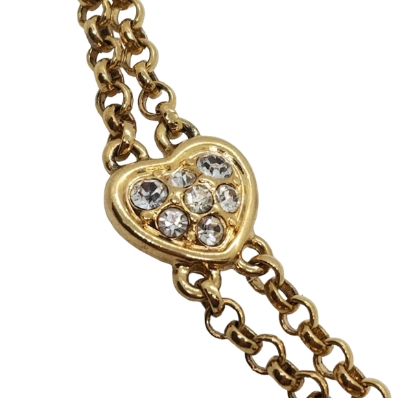 VANNA WHITE VINTAGE GOLDTONE DOUBLE CHAIN NECKLACE WITH RHINESTONE HEART DETAIL - Picture 4 of 6
